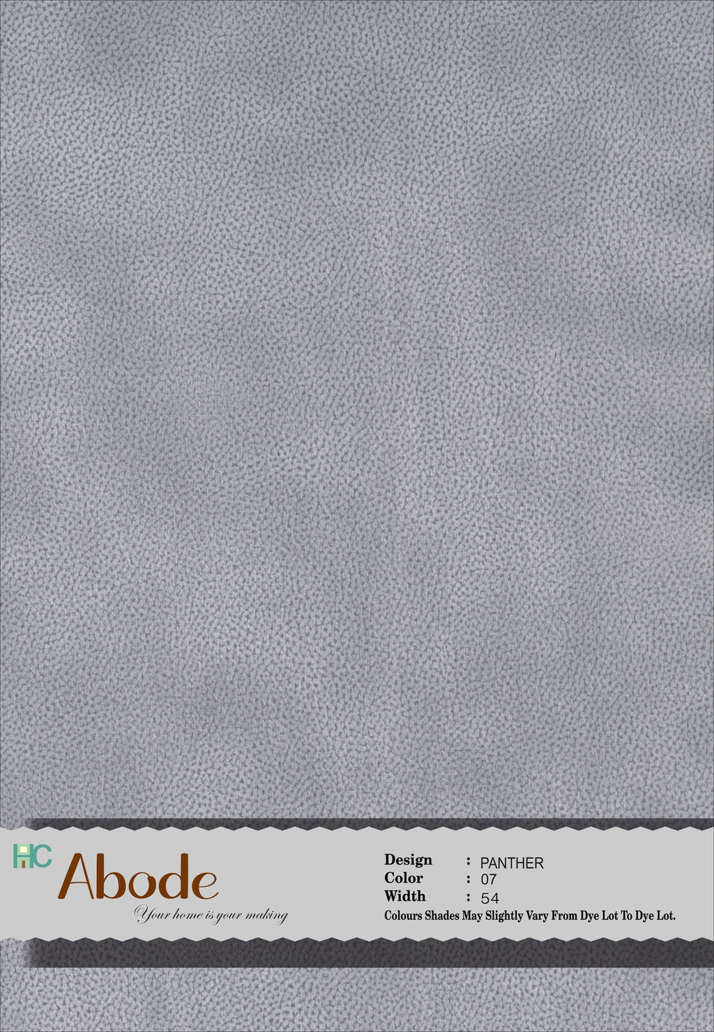 A swatch of Panther L Grey 07 self-textured velvet sofa fabric with a label indicating the brand and product details.