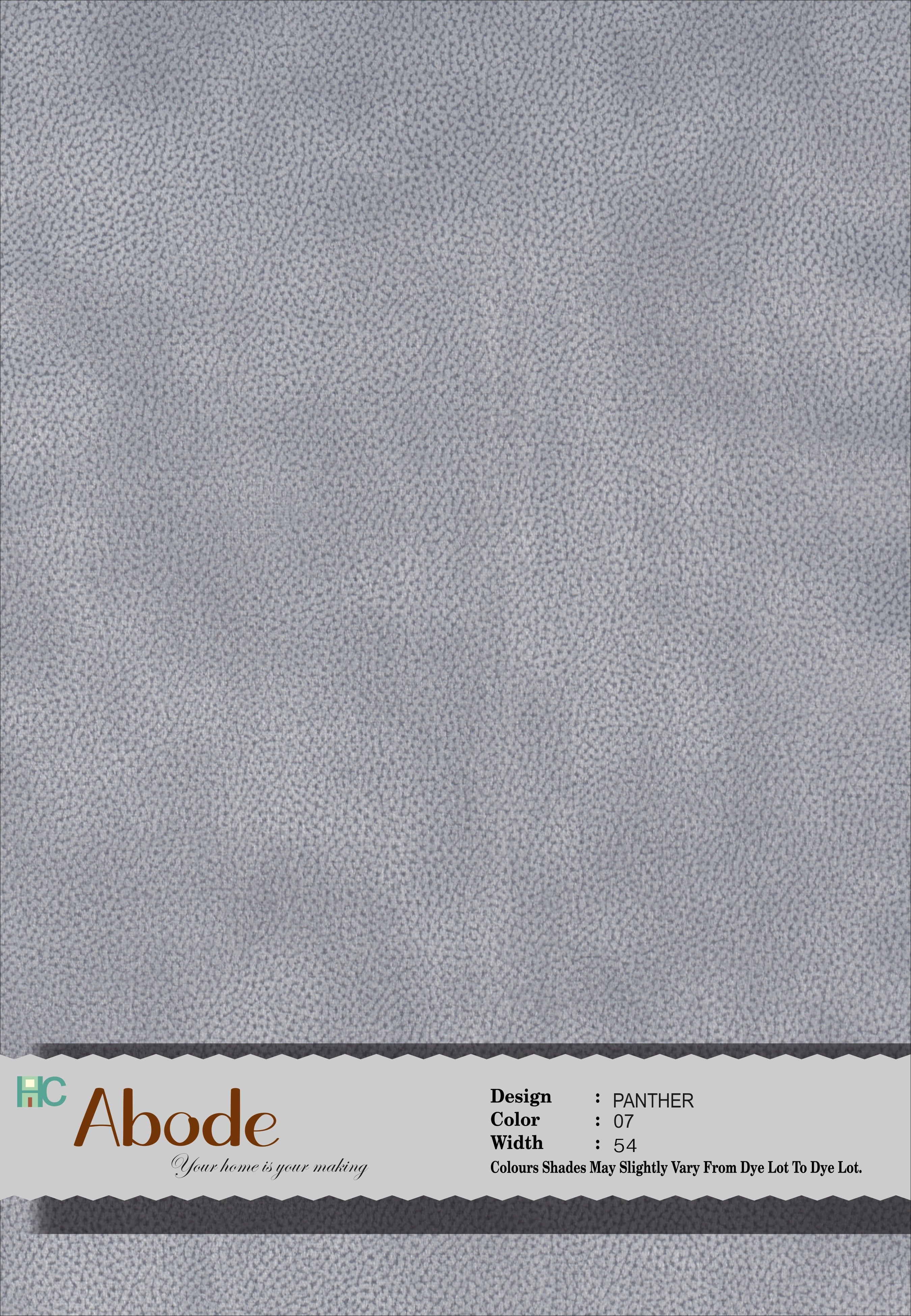 A swatch of Panther L Grey 07 self-textured velvet sofa fabric with a label indicating the brand and product details.